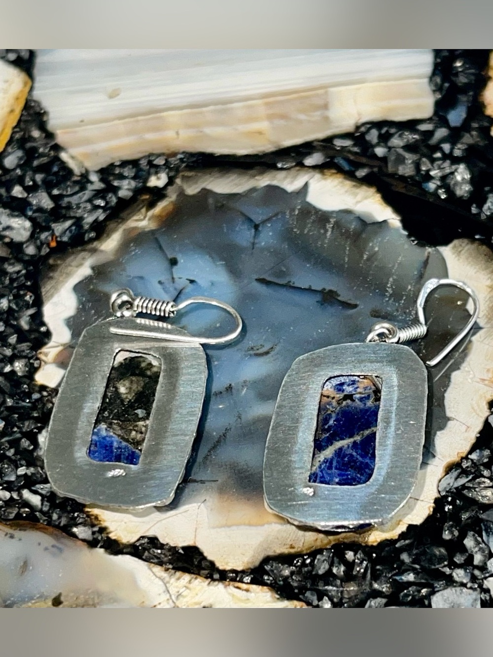Navy Sodalite with Pyrite Earrings 2” - Picture 13 of 15